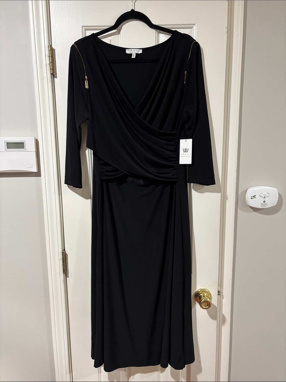 Chaus Black Draped Faux-Wrap Midi Dress with Zip Detail
